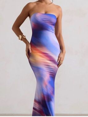 Club L London Strapless Maxi Dress in Multicolor Sunset Print